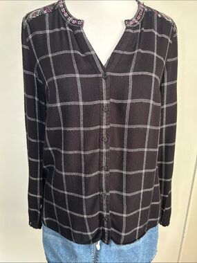 Daniel Rainn Women's Black Windowpane Button-Front Blouse